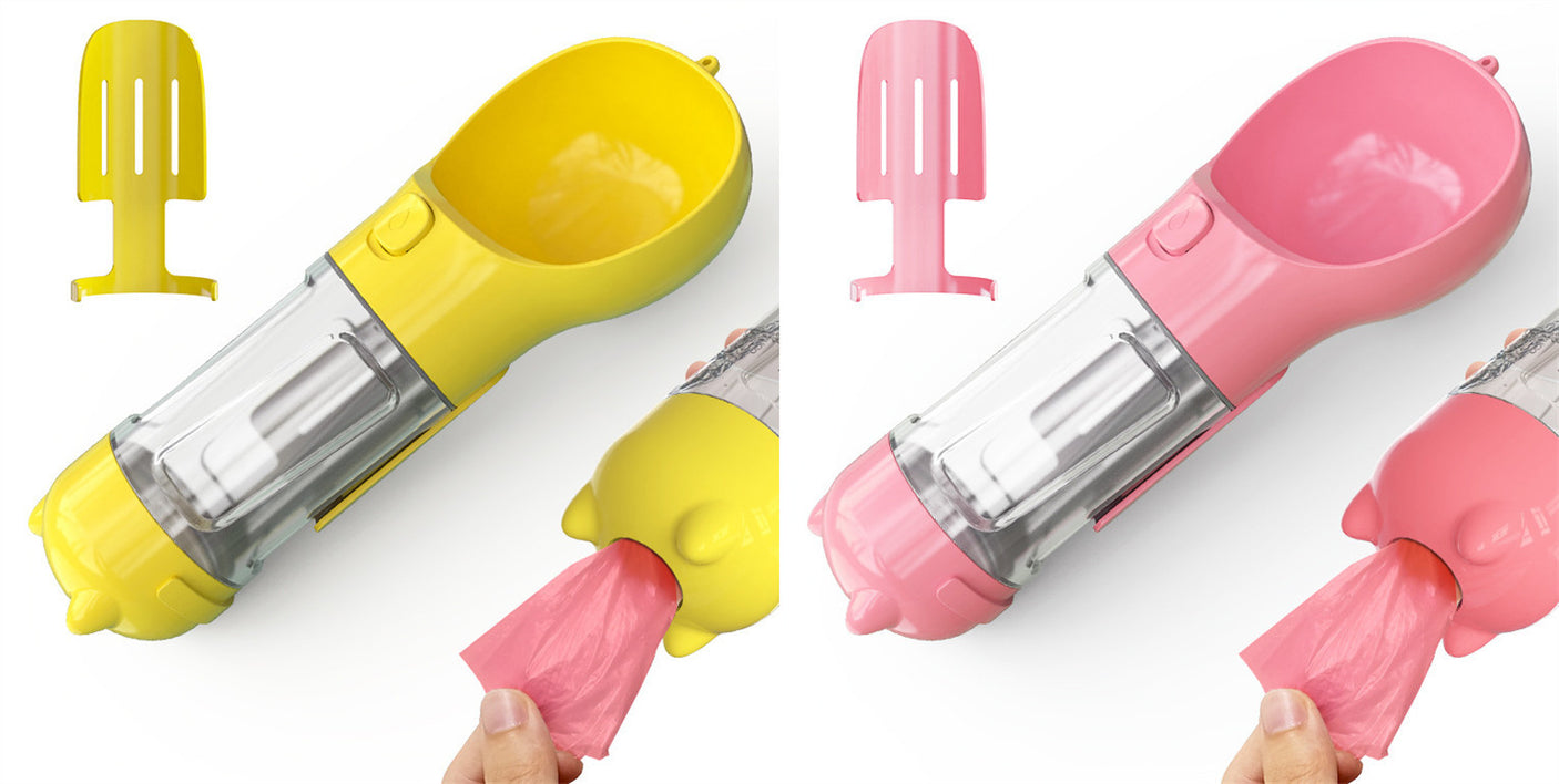 pet-water-bottle-feeder-bowl-garbage-bag-storage-portable-pet-outdoor-travel-3-in-1-dog-water-bottle-yellow-and-pink