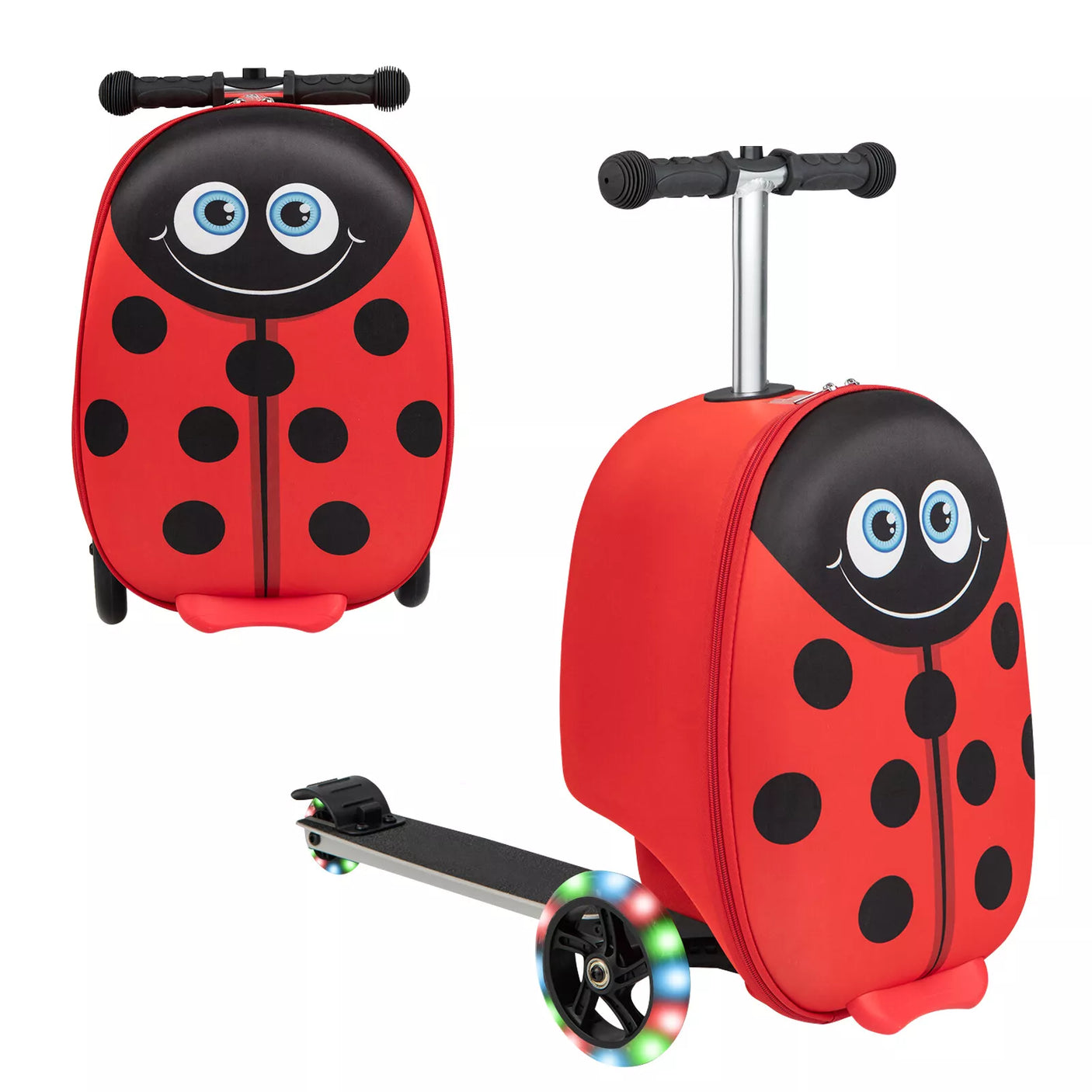 2 in 1 Kids Bettle Luggage Ride on Set with Led Spinner Wheels