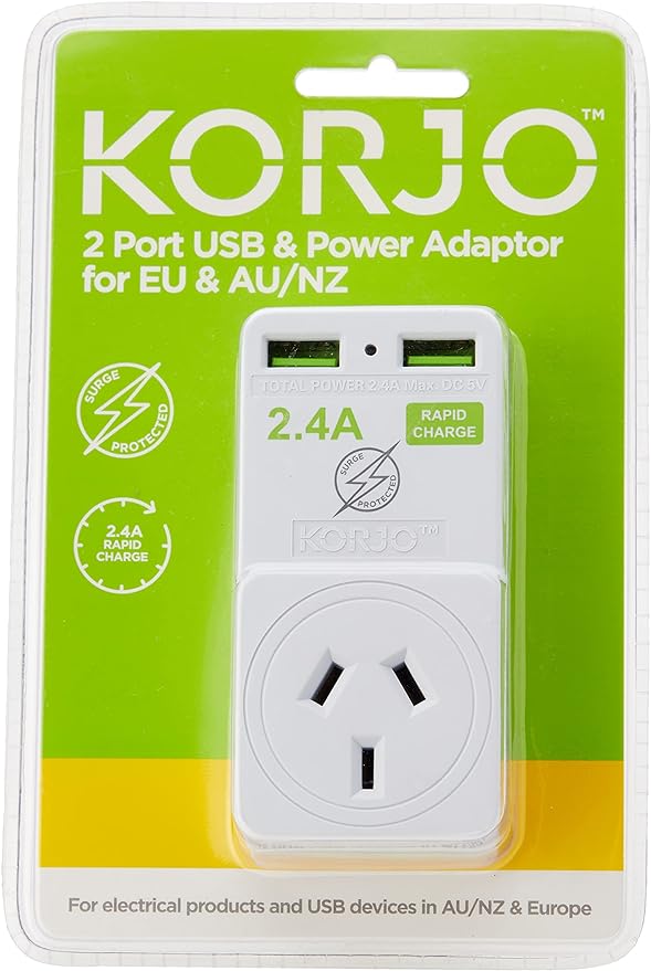 Korjo 2 port USB charger and adaptor Australia and NZ to Italy, Switzerland