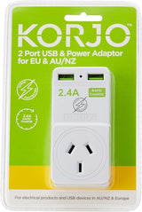 Korjo 2 port USB charger and adaptor Australia and NZ to Italy, Switzerland