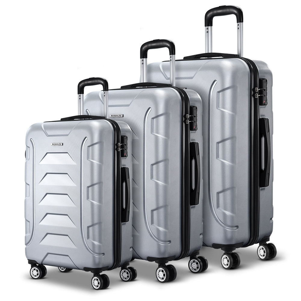 3pc Luggage Trolley Travel Suitcase Set TSA Hard Case Shell with Strap – Silver