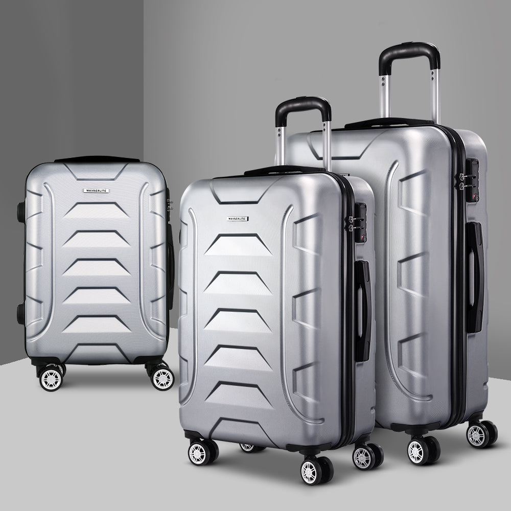 3pc Luggage Trolley Travel Suitcase Set TSA Hard Case Shell with Strap – Silver