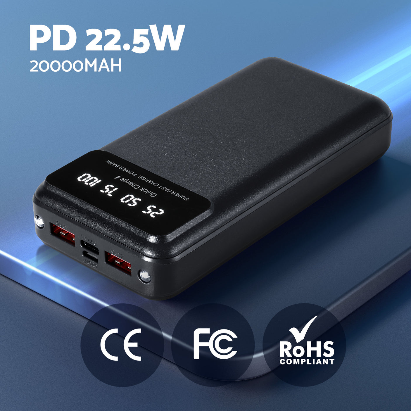 20,000mAh Portable Power Bank with PD22.5W Quick Charge - Fast Charging Black Charger for Phones