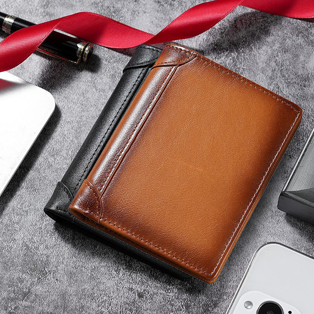 100% Genuine Leather Men's Wallet RFID Blocking Card Holder Bifold and Long Wallets (Brown Bifold Verticle)