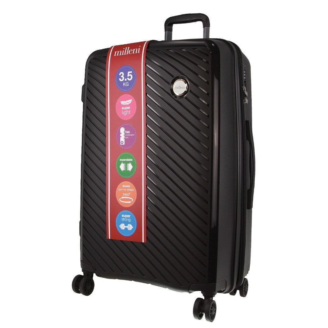 Pierre Cardin Inspired Milleni Checked Luggage Bag Travel Carry On Suitcase 75cm (124L) - Black