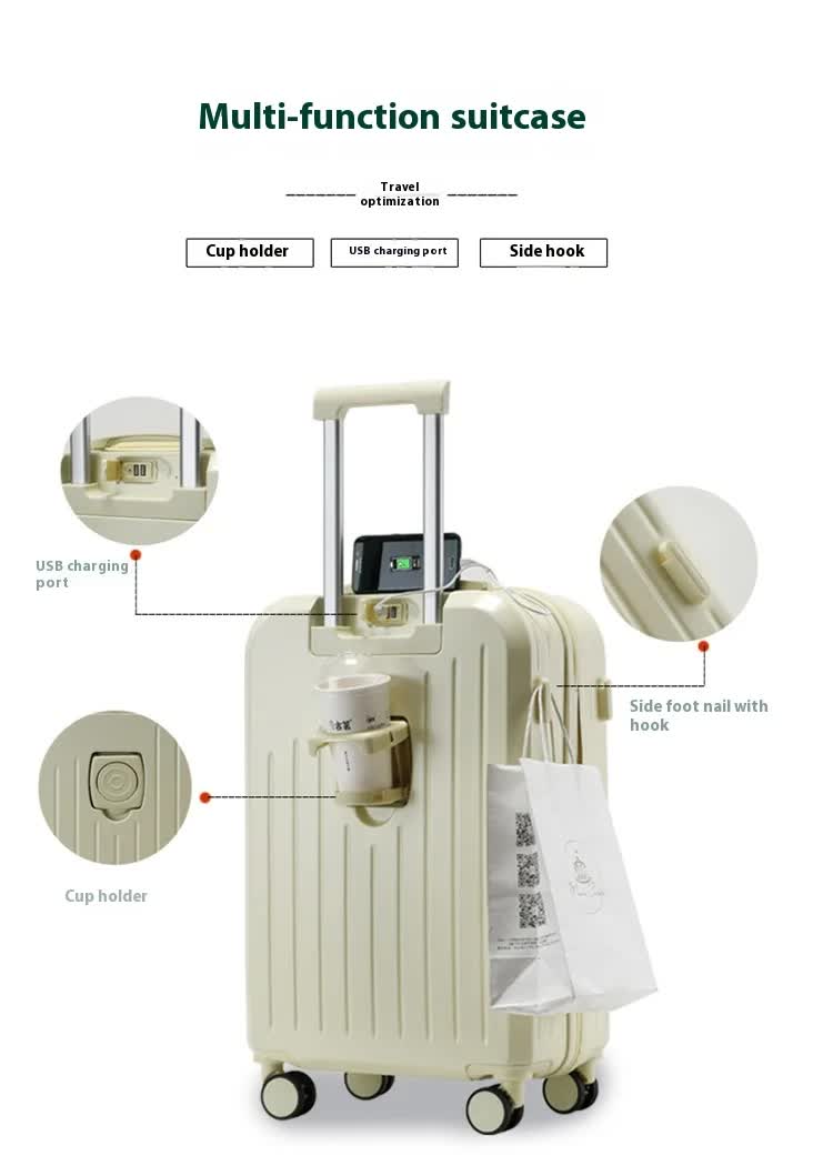 Smart Carry-On Luggage with Cup Holder & USB Charging Port - White Color Spinner Suitcase for Travel Convenience  20 inch