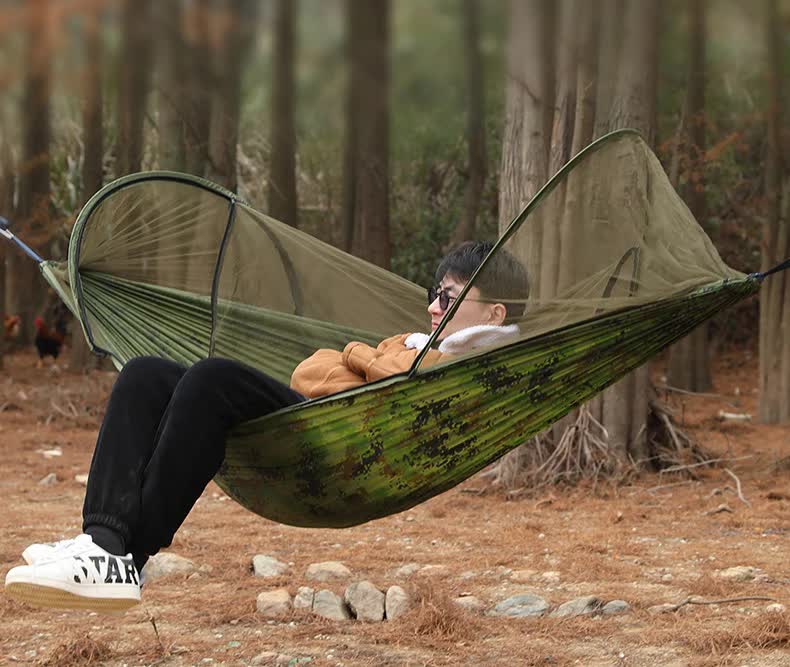 Military Green Outdoor Camping Hammock with Mosquito Net, Anti-Tip Nylon Fabric, Single/Double Person Quick-Setup Hammock