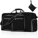 Black Large Foldable Travel Duffel Bag with Shoe Compartment and Carry Pouch - Lightweight, Durable, and Spacious