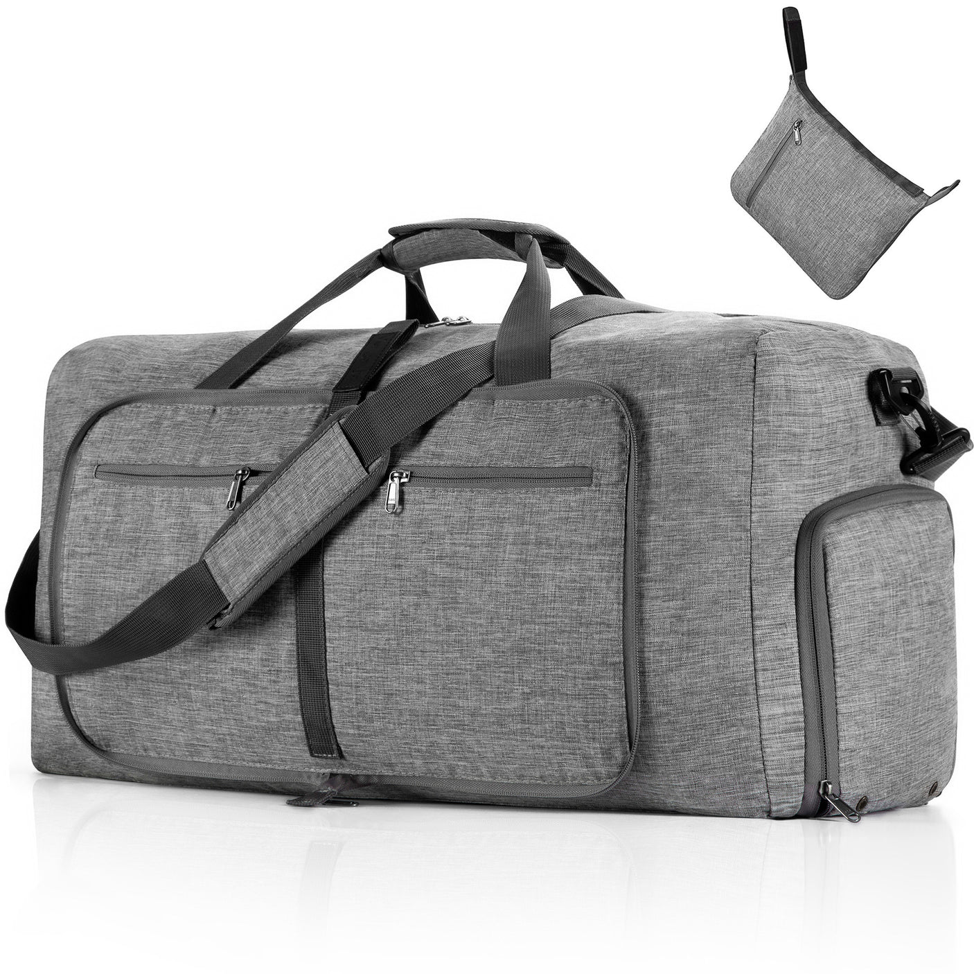 Grey Large Foldable Travel Duffel Bag with Shoe Compartment and Carry Pouch - Lightweight, Durable, and Spacious