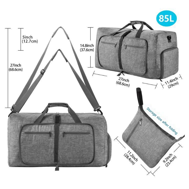 Grey Large Foldable Travel Duffel Bag with Shoe Compartment and Carry Pouch - Lightweight, Durable, and Spacious