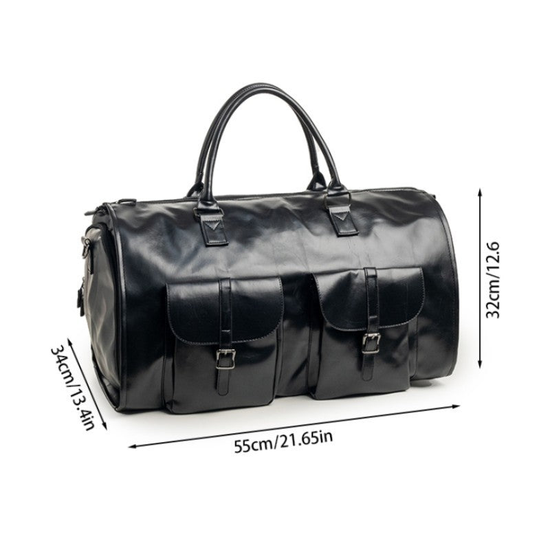 Brown PU Leather Travel Duffel Bag - Multifunctional Overnight Gym Bag with Spacious Compartments