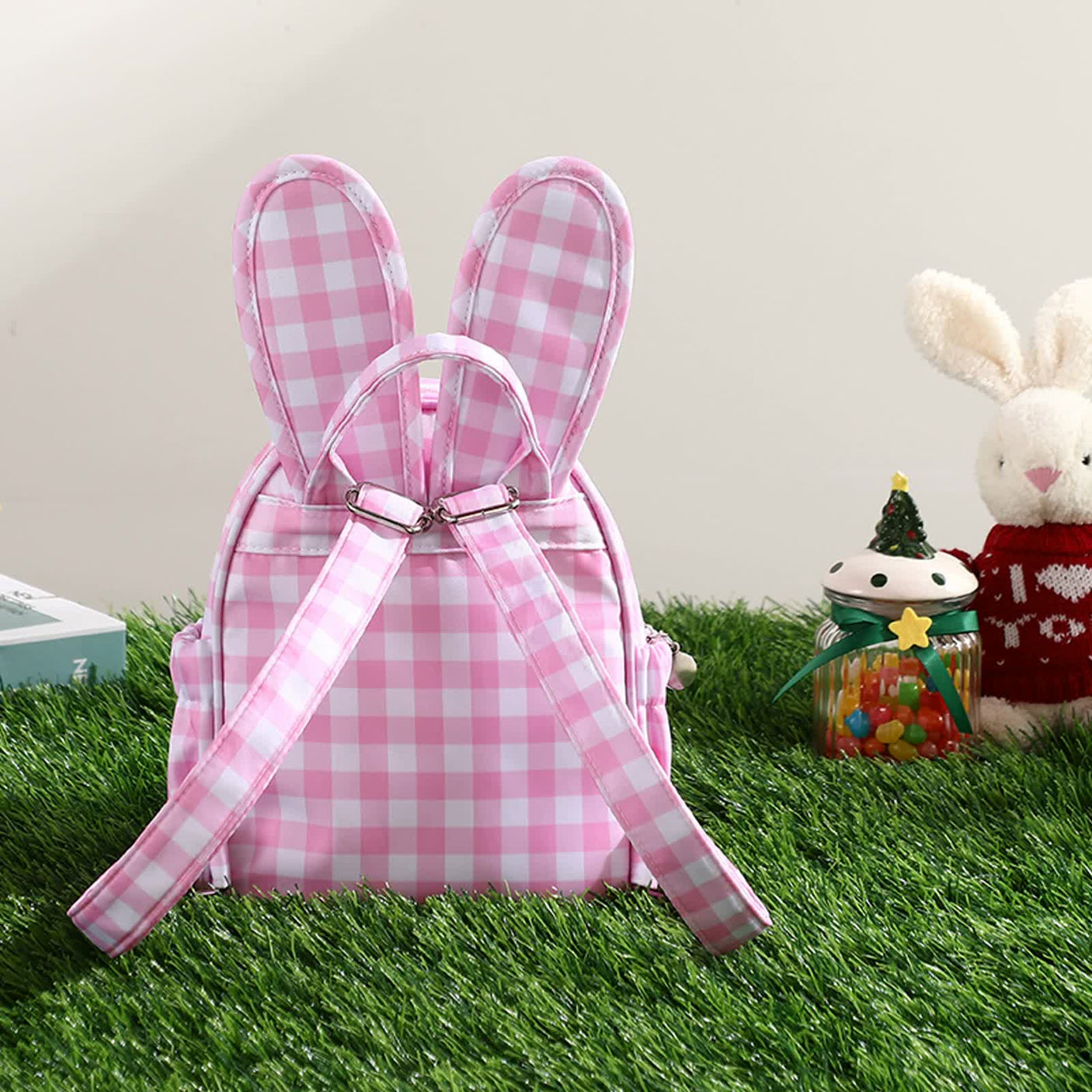 Blue Kids Bunny Ear Gingham Backpack - Cute Mini Bag for Girls