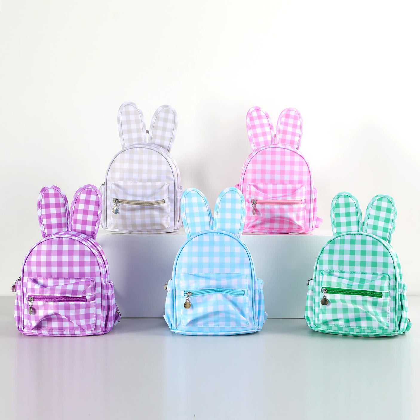 Blue Kids Bunny Ear Gingham Backpack - Cute Mini Bag for Girls