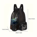 Black Mesh Drawstring Backpack - Lightweight Sports and Beach Bag with Pockets