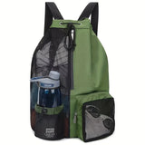 Green Mesh Drawstring Backpack - Lightweight Sports and Beach Bag with Pockets