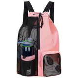 Pink Mesh Drawstring Backpack - Lightweight Sports and Beach Bag with Pockets