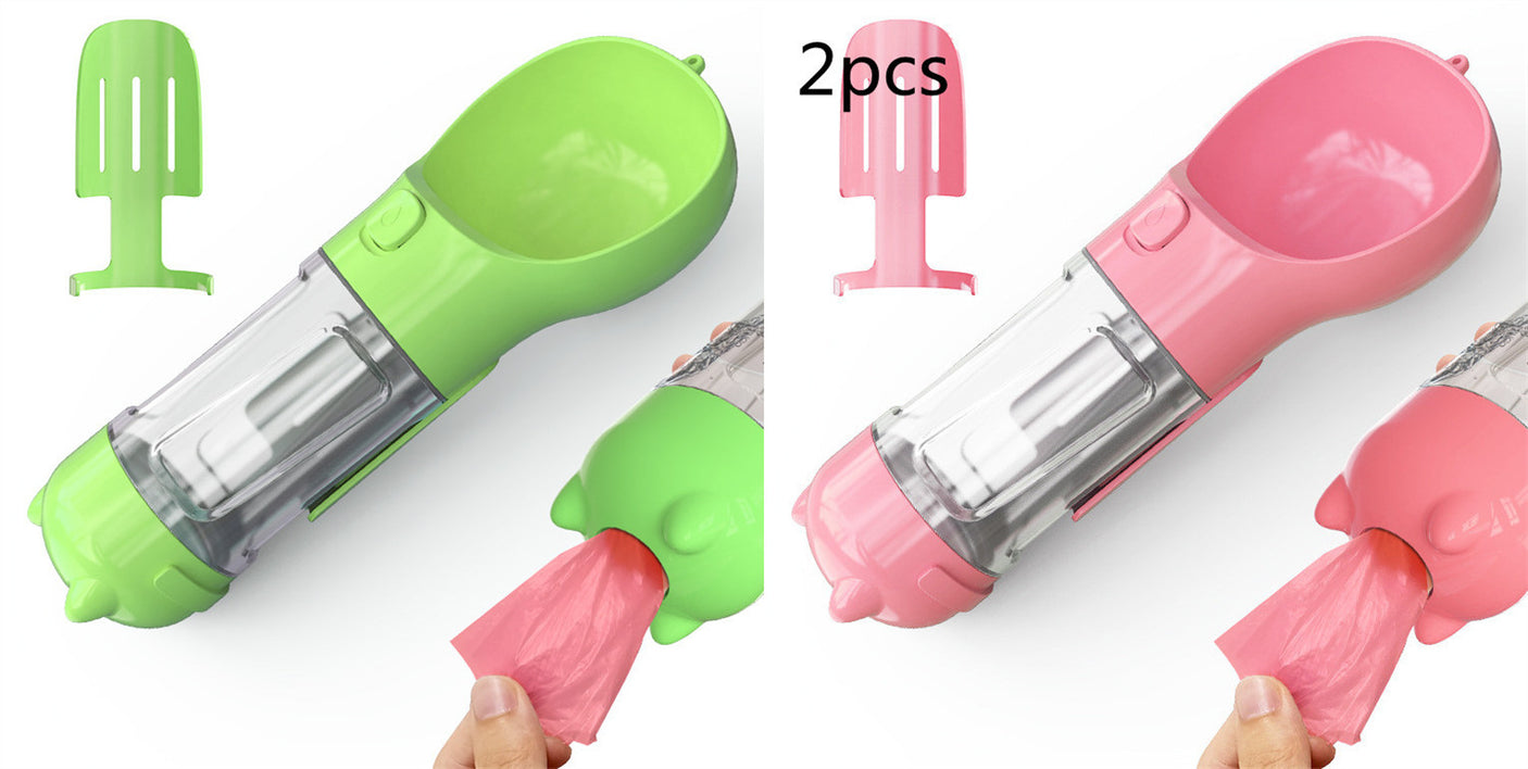 pet-water-bottle-feeder-bowl-garbage-bag-storage-portable-pet-outdoor-travel-3-in-1-dog-water-bottle-green-and-pink