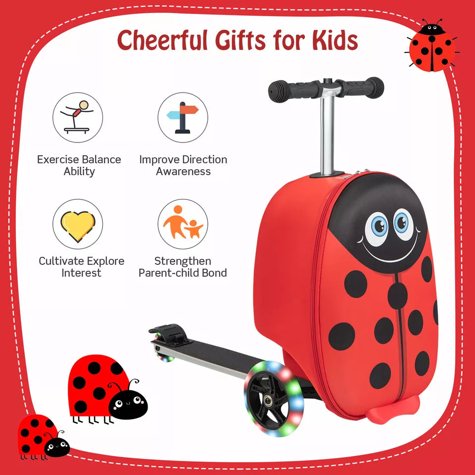 2 in 1 Kids Bettle Luggage Ride on Set with Led Spinner Wheels