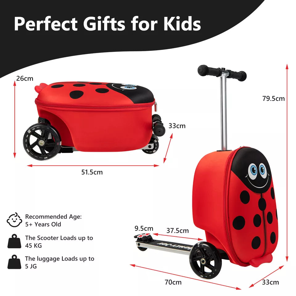 2 in 1 Kids Bettle Luggage Ride on Set with Led Spinner Wheels