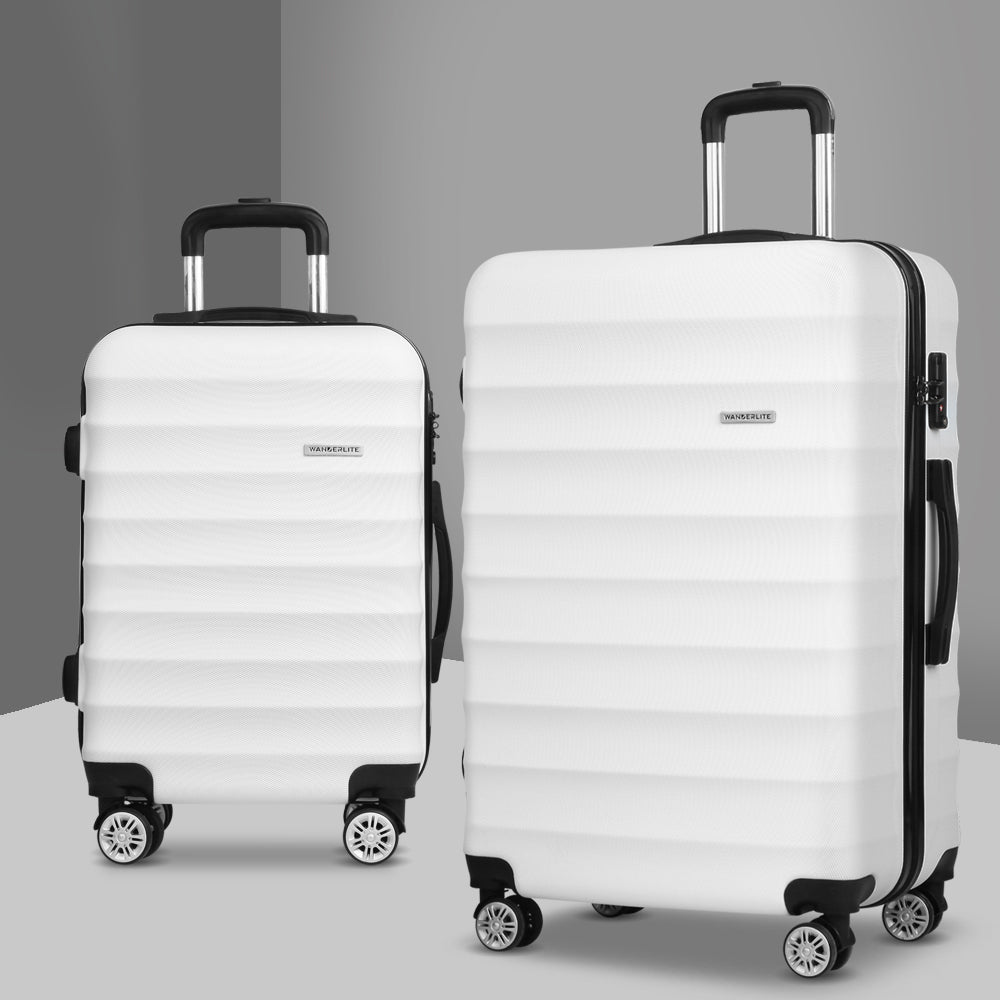 Wanderlite 2pcs Luggage Trolley Travel Suitcase Set TSA Hard Shell Case Strap White