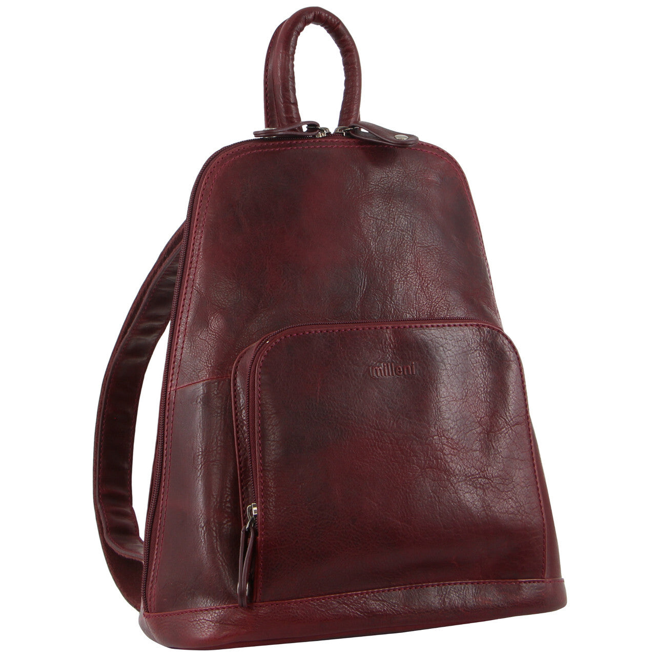 Milleni Womens Twin Zip Backpack Nappa Italian Leather Bag Travel - Cherry